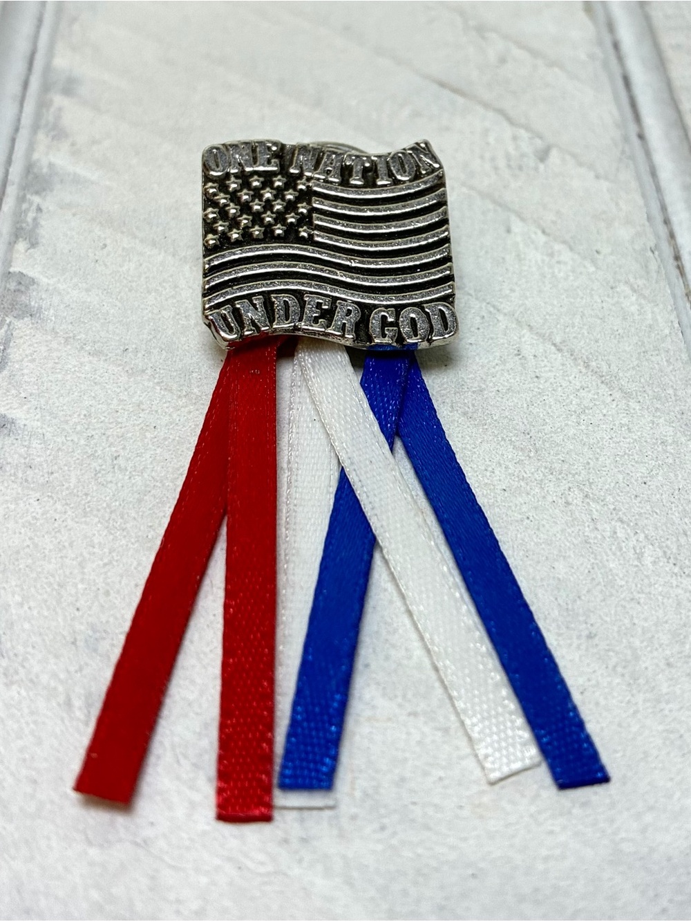 One Nation Under God Pin Silver Hue American Flag W/Tassels Patriotic Lapel 2”